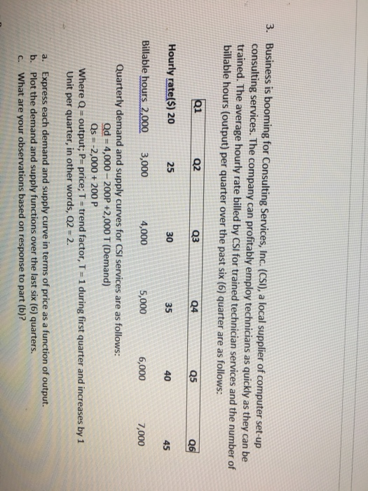3. Business is booming for Consulting Services, Inc. (CSI), a local supplier of computer set-up
consulting services. The company can profitably employ technicians as quickly as they can be
trained. The average hourly rate billed by CSI for trained technician services and the number of
billable hours (output) per quarter over the past six (6) quarter are as follows:
Q1
Q2
Q3
Q4
Q5
Q6
Hourly rate($) 20
25
30
35
40
45
Billable hours 2,000 3,000
4,000
5,000
6,000
7,000
Quarterly demand and supply curves for CSI services are as follows:
Qd=4,000-200P +2,000 T (Demand)
Qs -2,000+ 200 P
Where Q = output; P= price; T = trend factor, T-1 during first quarter and increases by 1
Unit per quarter, in other words, Q2 = 2.
a. Express each demand and supply curve in terms of price as a function of output.
b. Plot the demand and supply functions over the last six (6) quarters.
C. What are your observations based on response to part (b)?