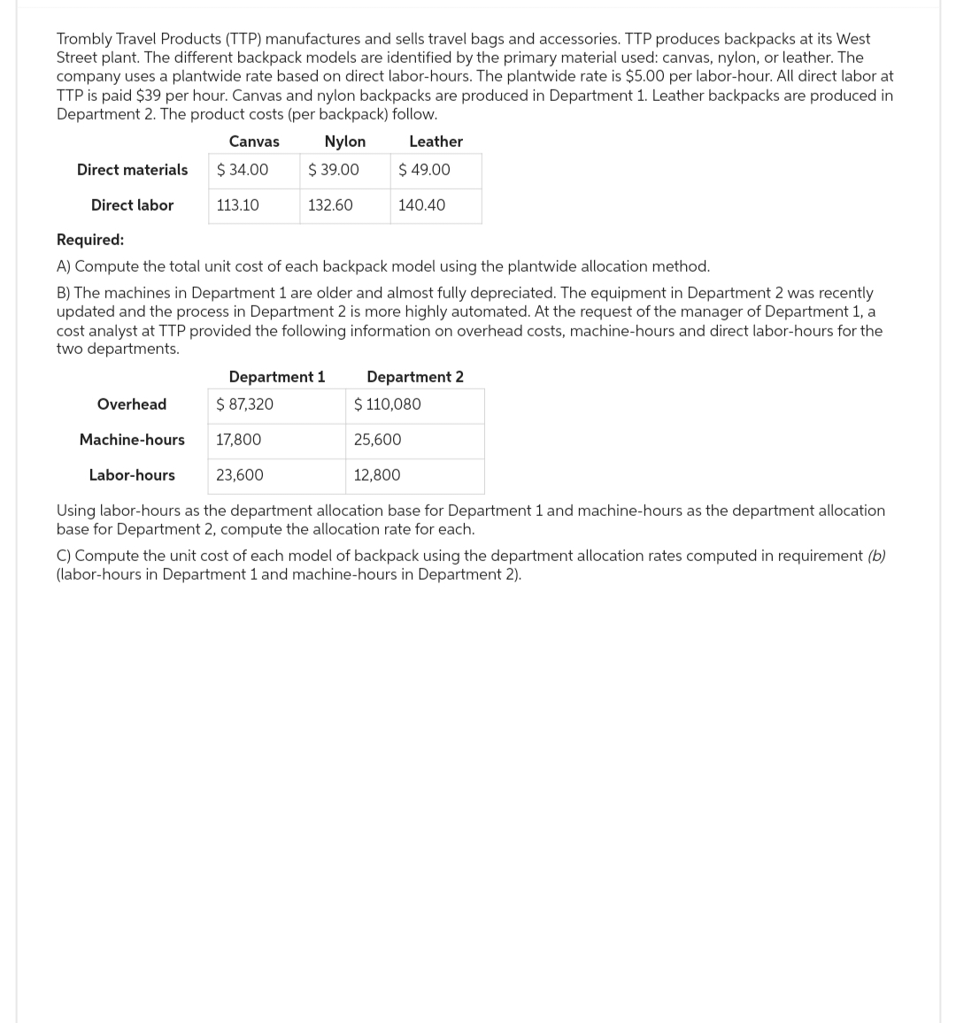 Trombly Travel Products (TTP) manufactures and sells travel bags and accessories. TTP produces backpacks at its West
Street plant. The different backpack models are identified by the primary material used: canvas, nylon, or leather. The
company uses a plantwide rate based on direct labor-hours. The plantwide rate is $5.00 per labor-hour. All direct labor at
TTP is paid $39 per hour. Canvas and nylon backpacks are produced in Department 1. Leather backpacks are produced in
Department 2. The product costs (per backpack) follow.
Canvas
Nylon
Direct materials
Direct labor
Overhead
Machine-hours
$34.00
Labor-hours
113.10
$39.00
Required:
A) Compute the total unit cost of each backpack model using the plantwide allocation method.
B) The machines in Department 1 are older and almost fully depreciated. The equipment in Department 2 was recently
updated and the process in Department 2 is more highly automated. At the request of the manager of Department 1, a
cost analyst at TTP provided the following information on overhead costs, machine-hours and direct labor-hours for the
two departments.
132.60
$ 87,320
17,800
23,600
Department 1
Leather
$ 49.00
140.40
Department 2
$ 110,080
25,600
12,800
Using labor-hours as the department allocation base for Department 1 and machine-hours as the department allocation
base for Department 2, compute the allocation rate for each.
C) Compute the unit cost of each model of backpack using the department allocation rates computed in requirement (b)
(labor-hours in Department 1 and machine-hours in Department 2).