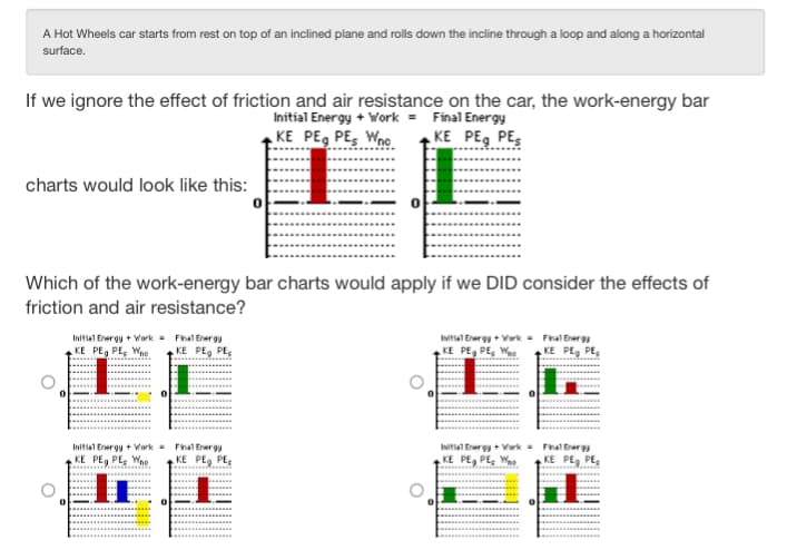 A Hot Wheels car starts from rest on top of an inclined plane and rolls down the incline through a loop and along a horizontal
surface.
If we ignore the effect of friction and air resistance on the car, the work-energy bar
Initial Energy + Work=
KE PEG PEs Wnc
Final Energy
KE PE, PEs
charts would look like this:
Which of the work-energy bar charts would apply if we DID consider the effects of
friction and air resistance?
Initial Energy + Work= Final Energy
KE PE, PE, W
KE PE PE
Initial Energy + Work Final Energy
KE PE
PEPES
JI
0
Initial Energy + Work= Final Energy
E PE, PE; We
KE PE, PE
Initial Energy+Work = Final Energy
KE PE PE