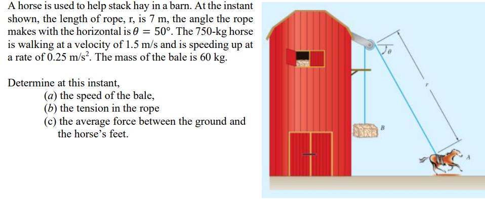 A horse is used to help stack hay in a barn. At the instant
shown, the length of rope, r, is 7 m, the angle the rope
makes with the horizontal is = 50°. The 750-kg horse
is walking at a velocity of 1.5 m/s and is speeding up at
a rate of 0.25 m/s². The mass of the bale is 60 kg.
Determine at this instant,
(a) the speed of the bale,
(b) the tension in the rope
(c) the average force between the ground and
the horse's feet.