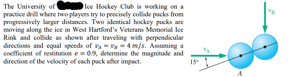 ### Physics Problem: Colliding Hockey Pucks

#### Problem Statement:
The University of [Hidden] Ice Hockey Club is working on a practice drill where two players try to precisely collide pucks from progressively larger distances. Two identical hockey pucks are moving along the ice in West Hartford’s Veterans Memorial Ice Rink and collide as shown after traveling with perpendicular directions and equal speeds of \(v_A = v_B = 4 \, \text{m/s}\). Assuming a coefficient of restitution \(e = 0.9\), determine the magnitude and direction of the velocity of each puck after impact.

#### Diagram Explanation:
The diagram shows two blue hockey pucks colliding. Key details are:
- **Puck A**: Moving to the right with a velocity \(v_A = 4 \, \text{m/s}\).
- **Puck B**: Moving downward with a velocity \(v_B = 4 \, \text{m/s}\).
- The collision line makes an angle of \(15^\circ\) with the trajectory of puck A (the horizontal direction).

#### Steps to Solve:
1. **Identify the Directions**:
   - Before collision, puck A moves horizontally and puck B moves vertically.
   - The angle \(15^\circ\) is in reference to puck A's path and the direction of impact post-collision.

2. **Calculate the Velocities Post-Collision**:
   - The conservation of momentum and the restitution coefficient will be used:
   - Separate the motion into components along and perpendicular to the line of impact.
   - Apply the conservation of momentum separately in both directions.
   - Use the coefficient of restitution for relative velocities post-collision.

#### Key Formulas:
1. **Momentum Conservation Equations**:
   \[
   m_A \cdot v_{A_x} + m_B \cdot v_{B_x} = m_A \cdot v'_{A_x} + m_B \cdot v'_{B_x}
   \]
   \[
   m_A \cdot v_{A_y} + m_B \cdot v_{B_y} = m_A \cdot v'_{A_y} + m_B \cdot v'_{B_y}
   \]
   
2. **Coefficient of Restitution**:
   \[
   e = \frac{v'_{B_{impact}} - v'_{A_{impact}}}{v_{