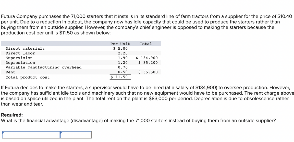 Futura Company purchases the 71,000 starters that it installs in its standard line of farm tractors from a supplier for the price of $10.40
per unit. Due to a reduction in output, the company now has idle capacity that could be used to produce the starters rather than
buying them from an outside supplier. However, the company's chief engineer is opposed to making the starters because the
production cost per unit is $11.50 as shown below:
Direct materials
Direct labor
Supervision
Depreciation
Variable manufacturing overhead
Rent
Total product cost
Per Unit
$ 5.00
2.20
1.90
1.20
0.70
0.50
$ 11.50
Total
$ 134,900
$ 85,200
$ 35,500
If Futura decides to make the starters, a supervisor would have to be hired (at a salary of $134,900) to oversee production. However,
the company has sufficient idle tools and machinery such that no new equipment would have to be purchased. The rent charge above
is based on space utilized in the plant. The total rent on the plant is $83,000 per period. Depreciation is due to obsolescence rather
than wear and tear.
Required:
What is the financial advantage (disadvantage) of making the 71,000 starters instead of buying them from an outside supplier?