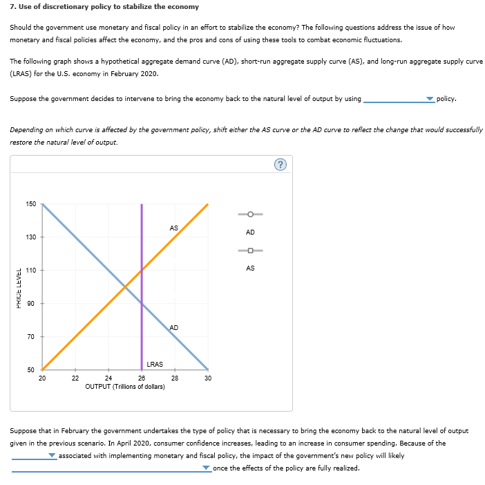 7. Use of discretionary policy to stabilize the economy
Should the government use monetary and fiscal policy in an effort to stabilize the economy? The following questions address the issue of how
monetary and fiscal policies affect the economy, and the pros and cons of using these tools to combat economic fluctuations.
The following graph shows a hypothetical aggregate demand curve (AD), short-run aggregate supply curve (AS), and long-run aggregate supply curve
(LRAS) for the U.S. economy in February 2020.
Suppose the government decides to intervene to bring the economy back to the natural level of output by using
Depending on which curve is affected by the government policy, shift either the AS curve or the AD curve to reflect the change that would successfully
restore the natural level of output.
PRICE LEVEL
150
130
110
90
70
50
20
22
LRAS
24
26
OUTPUT (Trillions of dollars)
AS
AD
28
30
AD
policy.
AS
Suppose that in February the government undertakes the type of policy that is necessary to bring the economy back to the natural level of output
given in the previous scenario. In April 2020, consumer confidence increases, leading to an increase in consumer spending. Because of the
associated with implementing monetary and fiscal policy, the impact of the government's new policy will likely
once the effects of the policy are fully realized.