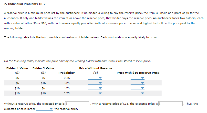 2. Individual Problems 18-2
A reserve price is a minimum price set by the auctioneer. If no bidder is willing to pay the reserve price, the item is unsold at a profit of $0 for the
auctioneer. If only one bidder values the item at or above the reserve price, that bidder pays the reserve price. An auctioneer faces two bidders, each
with a value of either $6 or $16, with both values equally probable. Without a reserve price, the second highest bid will be the price paid by the
winning bidder.
The following table lists the four possible combinations of bidder values. Each combination is equally likely to occur.
On the following table, indicate the price paid by the winning bidder with and without the stated reserve price.
Bidder 1 Value Bidder 2 Value
($)
Price Without Reserve
($)
($)
$6
$6
$16
$16
$6
$16
$6
$16
Probability
0.25
0.25
0.25
0.25
Without a reserve price, the expected price is $
expected price is larger
the reserve price.
Price with $16 Reserve Price
With a reserve price of $16, the expected price is
.
Thus, the