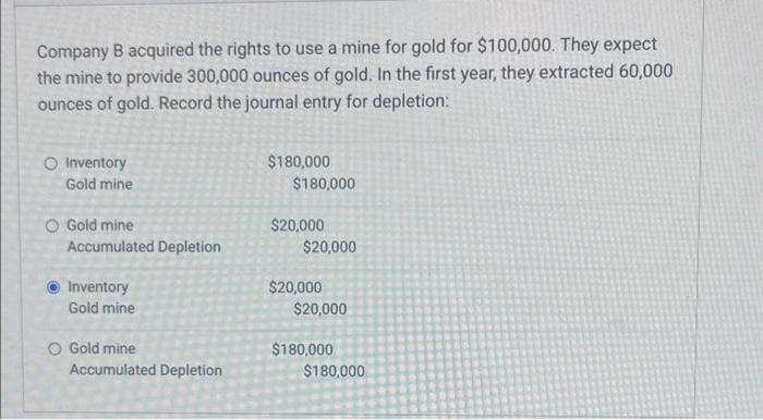 Company B acquired the rights to use a mine for gold for $100,000. They expect
the mine to provide 300,000 ounces of gold. In the first year, they extracted 60,000
ounces of gold. Record the journal entry for depletion:
O Inventory
Gold mine
O Gold mine
Accumulated Depletion
Inventory
Gold mine
O Gold mine
Accumulated Depletion
$180,000
$180,000
$20,000
$20,000
$20,000
$20,000
$180,000
$180,000