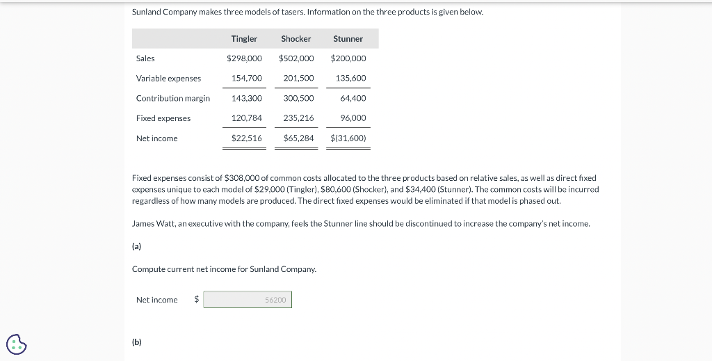 Sunland Company makes three models of tasers. Information on the three products is given below.
Sales
Variable expenses
Contribution margin
Fixed expenses
Net income
Tingler
$298,000
154,700
Net income $
143,300
(b)
120,784
$22,516
Shocker
$502,000
201,500
300,500
235,216
$65,284
Compute current net income for Sunland Company.
Fixed expenses consist of $308,000 of common costs allocated to the three products based on relative sales, as well as direct fixed
expenses unique to each model of $29,000 (Tingler), $80,600 (Shocker), and $34,400 (Stunner). The common costs will be incurred
regardless of how many models are produced. The direct fixed expenses would be eliminated if that model is phased out.
James Watt, an executive with the company, feels the Stunner line should be discontinued to increase the company's net income.
(a)
Stunner
56200
$200,000
135,600
64,400
96,000
$(31.600)
