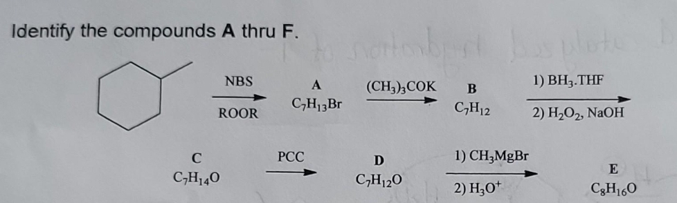Identify the compounds A thru F. obrt bas plote
1) BH3.THF
2) H₂O₂, NaOH
NBS
ROOR
C
C₂H₁40
A
C₂H1₁3 Br
PCC
(CH3)3 COK
D
C₂H12O
B
C₂H12
1) CH₂MgBr
2) H3O+
E
CgH160
14.