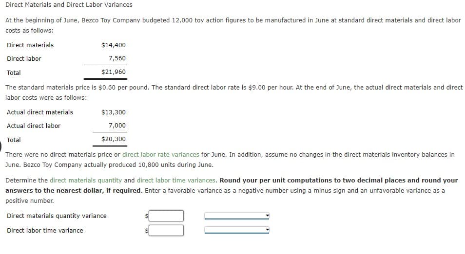 Direct Materials and Direct Labor Variances
At the beginning of June, Bezco Toy Company budgeted 12,000 toy action figures to be manufactured in June at standard direct materials and direct labor
costs as follows:
Direct materials
Direct labor
Total
The standard materials price is $0.60 per pound. The standard direct labor rate is $9.00 per hour. At the end of June, the actual direct materials and direct
labor costs were as follows:
$14,400
7,560
$21,960
Actual direct materials
Actual direct labor
Total
There were no direct materials price or direct labor rate variances for June. In addition, assume no changes in the direct materials inventory balances in
June. Bezco Toy Company actually produced 10,800 units during June.
$13,300
7,000
$20,300
Determine the direct materials quantity and direct labor time variances. Round your per unit computations to two decimal places and round your
answers to the nearest dollar, if required. Enter a favorable variance as a negative number using a minus sign and an unfavorable variance as a
positive number.
Direct materials quantity variance
Direct labor time variance