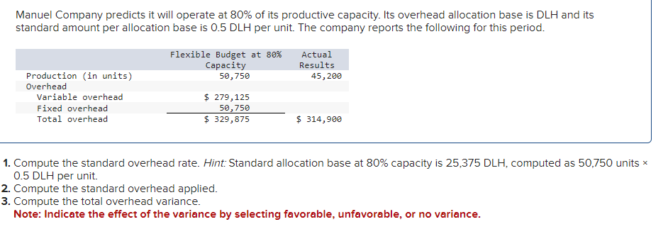 Manuel Company predicts it will operate at 80% of its productive capacity. Its overhead allocation base is DLH and its
standard amount per allocation base is 0.5 DLH per unit. The company reports the following for this period.
Production (in units)
Overhead
Variable overhead
Fixed overhead
Total overhead
Flexible Budget at 80%
Capacity
50,750
$ 279,125
50,750
$ 329,875
Actual
Results
45,200
$ 314,900
1. Compute the standard overhead rate. Hint: Standard allocation base at 80% capacity is 25,375 DLH, computed as 50,750 units x
0.5 DLH per unit.
2. Compute the standard overhead applied.
3. Compute the total overhead variance.
Note: Indicate the effect of the variance by selecting favorable, unfavorable, or no variance.