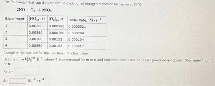 The following initial rate data are for the oxidation of nitrogen monoxide by oxygen at 25 °C:
2NO+O₂ → 2NO₂
Experiment [NO], M [02]o. M Initial Rate, M-s¹
0.00280
0.000760 0.0000521
0.00560
0.000760 0.000209
0.00280
0.00152 0.000104
0.00560
0.00152
0.000417
Complete the rate law for this reaction in the box below.
Use the form k[A] [B]", where '1' is understood for m or n and concentrations taken to the zero power do not appear. Don't enter 1 for m
or n
1
2
3
4
Rate=
k
M-2.8-1