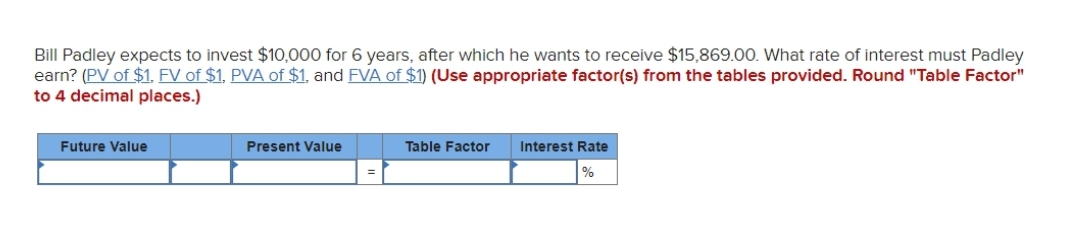 Bill Padley expects to invest $10,000 for 6 years, after which he wants to receive $15,869.00. What rate of interest must Padley
earn? (PV of $1, FV of $1, PVA of $1, and FVA of $1) (Use appropriate factor(s) from the tables provided. Round "Table Factor"
to 4 decimal places.)
Future Value
Present Value
=
Table Factor Interest Rate
%