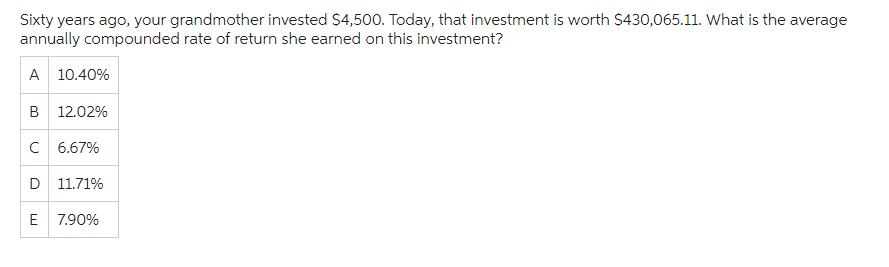 Sixty years ago, your grandmother invested $4,500. Today, that investment is worth $430,065.11. What is the average
annually compounded rate of return she earned on this investment?
A 10.40%
B 12.02%
C 6.67%
D 11.71%
E 7.90%