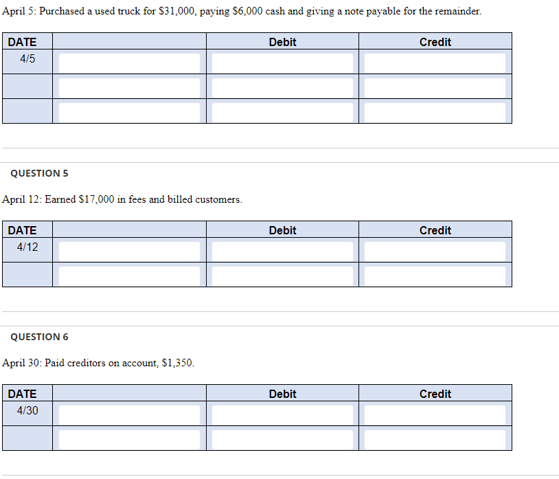 April 5: Purchased a used truck for $31,000, paying $6,000 cash and giving a note payable for the remainder.
DATE
4/5
QUESTION 5
April 12: Earned $17,000 in fees and billed customers.
DATE
4/12
QUESTION 6
April 30: Paid creditors on account, $1,350.
DATE
4/30
Debit
Debit
Debit
Credit
Credit
Credit