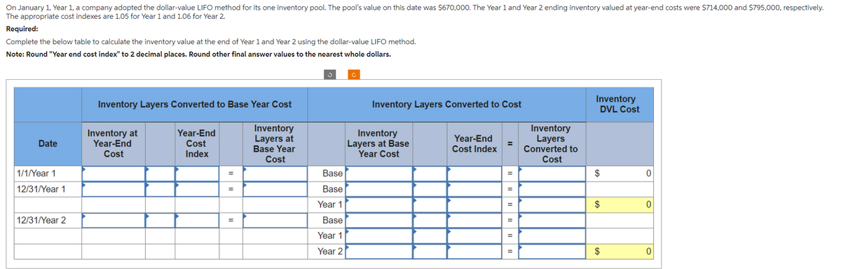 On January 1, Year 1, a company adopted the dollar-value LIFO method for its one inventory pool. The pool's value on this date was $670,000. The Year 1 and Year 2 ending inventory valued at year-end costs were $714,000 and $795,000, respectively.
The appropriate cost indexes are 1.05 for Year 1 and 1.06 for Year 2.
Required:
Complete the below table to calculate the inventory value at the end of Year 1 and Year 2 using the dollar-value LIFO method.
Note: Round "Year end cost index" to 2 decimal places. Round other final answer values to the nearest whole dollars.
Date
1/1/Year 1
12/31/Year 1
12/31/Year 2
Inventory Layers Converted to Base Year Cost
Inventory at
Year-End
Cost
Year-End
Cost
Index
=
=
=
Inventory
Layers at
Base Year
Cost
Base
Base
Year 1
Base
Year 1
Year 2
Inventory Layers Converted to Cost
Inventory
Layers at Base
Year Cost
Year-End
Cost Index
=
=
=
=
=
Inventory
Layers
Converted to
Cost
Inventory
DVL Cost
$
$
$
0
0
0