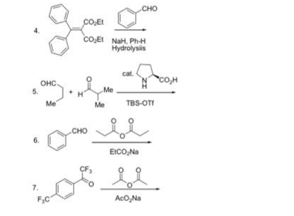 5.
6.
7.
OHC
Me
Fac
CO₂Et
CO₂Et NaH, Ph-H
Hydrolysis
CHO
Me
Me
cat.
CHO
TBS-OT!
i i
EtCO₂Na
AcO₂Na
CO₂H
