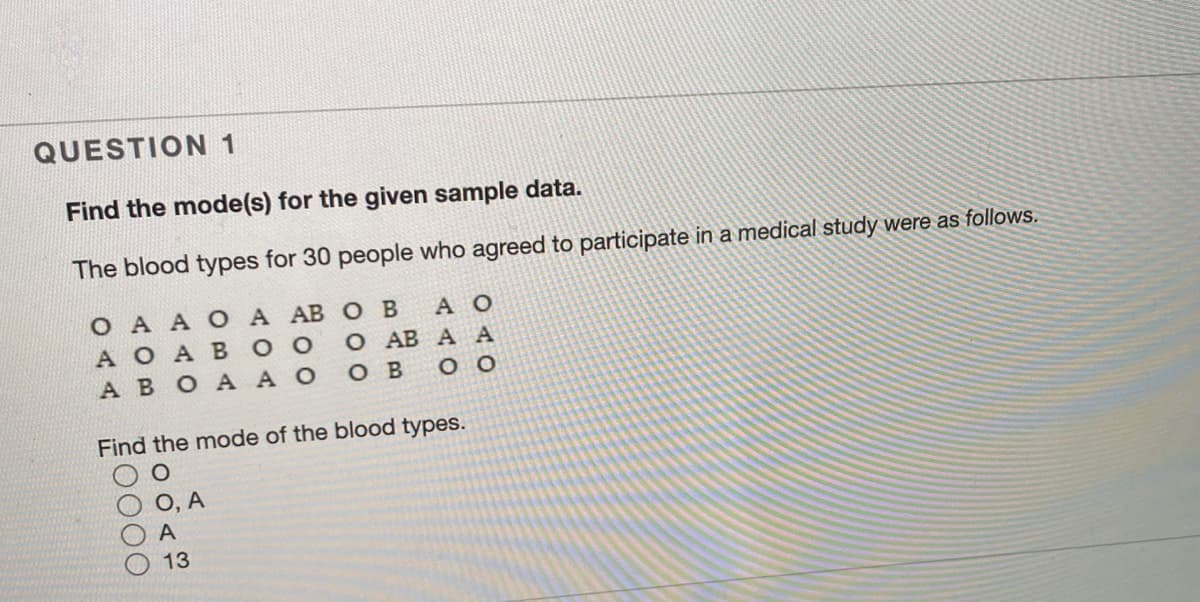 QUESTION 1
Find the mode(s) for the given sample data.
The blood types for 30 people who agreed to participate in a medical study were as follows.
O A A O A AB O B
A O
AOAB OO
O AB A A
АВОА АО
ов
Find the mode of the blood types.
O O, A
A
13
