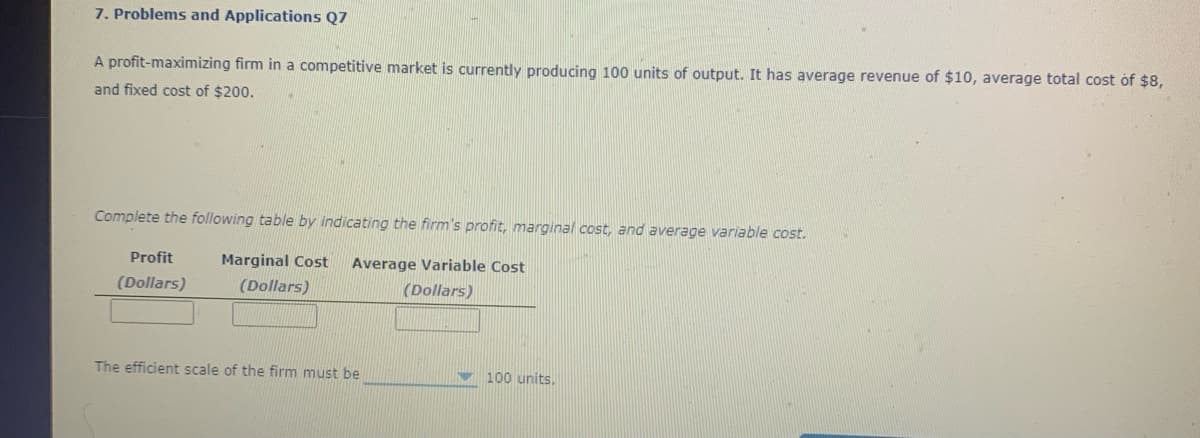 7. Problems and Applications Q7
A profit-maximizing firm in a competitive market is currently producing 100 units of output. It has average revenue of $10, average total cost of $8,
and fixed cost of $200.
Complete the following table by indicating the firm's profit, marginal cost, and average variable cost.
Profit
Marginal Cost
Average Variable Cost
(Dollars)
(Dollars)
(Dollars)
The efficient scale of the firm must be
v 100 units,
