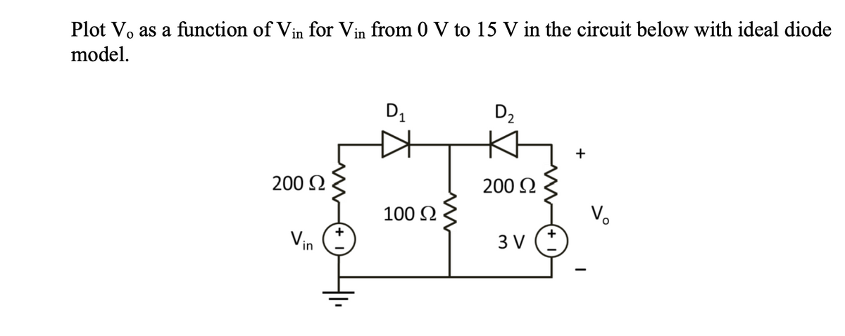 Plot Vo as a function of Vin for Vin from 0 V to 15 V in the circuit below with ideal diode
model.
D1
D2
200 2
200 2
100 2
V.
Vin
3 V
