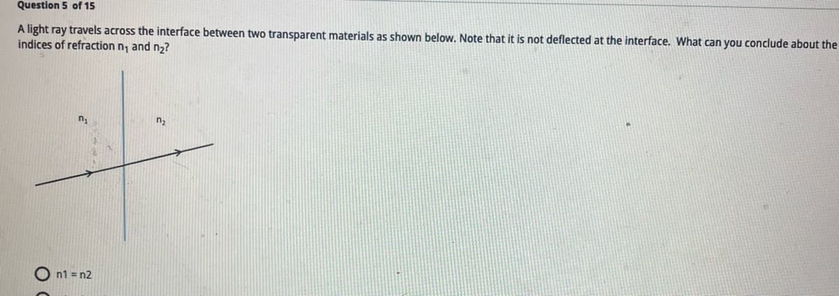 Question 5 of 15
A light ray travels across the interface between two transparent materials as shown below. Note that it is not deflected at the interface. What can you conclude about the
indices of refraction n, and n₂?
n₂
n1 = n2