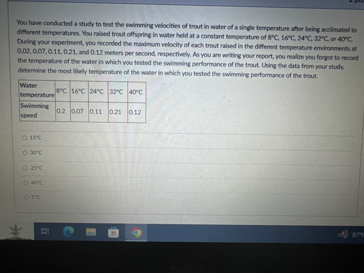 You have conducted a study to test the swimming velocities of trout in water of a single temperature after being acclimated to
different temperatures. You raised trout offspring in water held at a constant temperature of 8°C, 16°C, 24°C, 32°C, or 40°C.
During your experiment, you recorded the maximum velocity of each trout raised in the different temperature environments at
0.02, 0.07, 0.11, 0.21, and 0.12 meters per second, respectively. As you are writing your report, you realize you forgot to record
the temperature of the water in which you tested the swimming performance of the trout. Using the data from your study,
determine the most likely temperature of the water in which you tested the swimming performance of the trout.
Water
temperature
8°C 16°C 24°C 32°C 40°C
Swimming
speed
0.2 0.07 0.11 0.21
0.12
O 15°C
O30°C
25°C
40°C
5°C
道
87°F