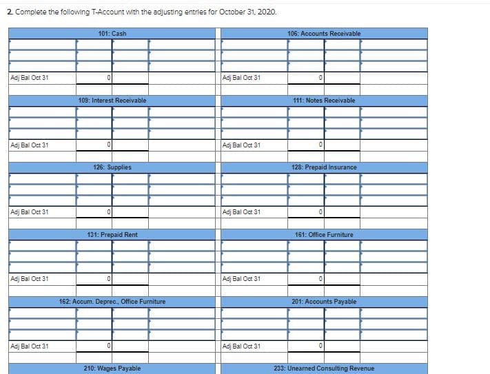 2 Complete the following T-Account with the adjusting entries for October 31, 2020.
101: Cash
106: Accounts Receivable
Adj Bal Oct 31
Adj Bal Oct 31
109: Interest Receivable
111: Notes Receivable
Adj Bal Oct 31
Adj Bal Oct 31
126: Supplies
128: Prepaid Insurance
Adj Bal Oct 31
Adj Bal Oct 31
131: Prepaid Rent
161: Office Furniture
Adj Bal Oct 31
Adj Bal Oct 31
162: Accum. Deprec., Office Furniture
201: Accounts Payable
Adj Bal Oct 31
Adj Bal Oct 31
210: Wages Payable
233: Uneamed Consulting Revenue
