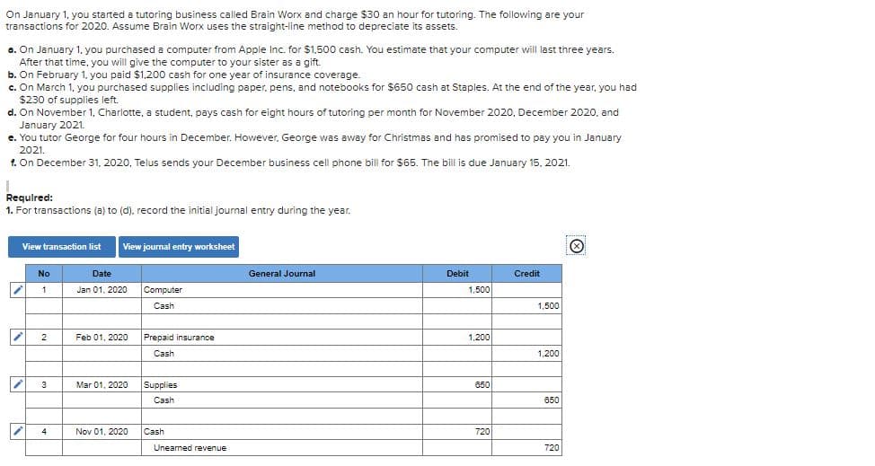 On January 1, you started a tutoring business called Brain Worx and charge $30 an hour for tutoring. The following are your
transactions for 2020. Assume Brain Worx uses the straight-line method to depreciate its assets.
a. On January 1, you purchased a computer from Apple Inc. for $1,500 cash. You estimate that your computer will last three years.
After that time, you will give the computer to your sister as a gift.
b. On February 1. you paid $1,200 cash for one year of insurance coverage.
c. On March 1. you purchased supplies including paper, pens, and notebooks for $650 cash at Staples. At the end of the year, you had
$230 of supplies left.
d. On November 1, Charlotte, a student, pays cash for eight hours of tutoring per month for November 2020, December 2020, and
January 2021.
e. You tutor George for four hours in December. However, George was away for Christmas and has promised to pay you in January
2021.
1. On December 31, 2020, Telus sends your December business cell phone bill for $65. The bill is due January 15. 2021.
Requlred:
1. For transactions (a) to (d). record the initial journal entry during the year.
View transaction list
View journal entry worksheet
No
Date
General Journal
Debit
Credit
Jan 01, 2020
Computer
1,500
Cash
1,500
2
Feb 01, 2020
Prepaid insurance
1,200
Cash
1,200
3
Mar 01, 2020
Supplies
650
Cash
650
4
Nov 01, 2020
Cash
720
Uneaned revenue
720
