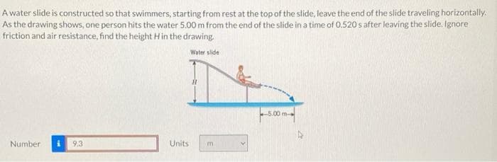 A water slide is constructed so that swimmers, starting from rest at the top of the slide, leave the end of the slide traveling horizontally:
As the drawing shows, one person hits the water 5.00 m from the end of the slide in a time of 0.520 s after leaving the slide. Ignore
friction and air resistance, find the height Hin the drawing.
Water slide
5.00 m
Number
9.3
Units
