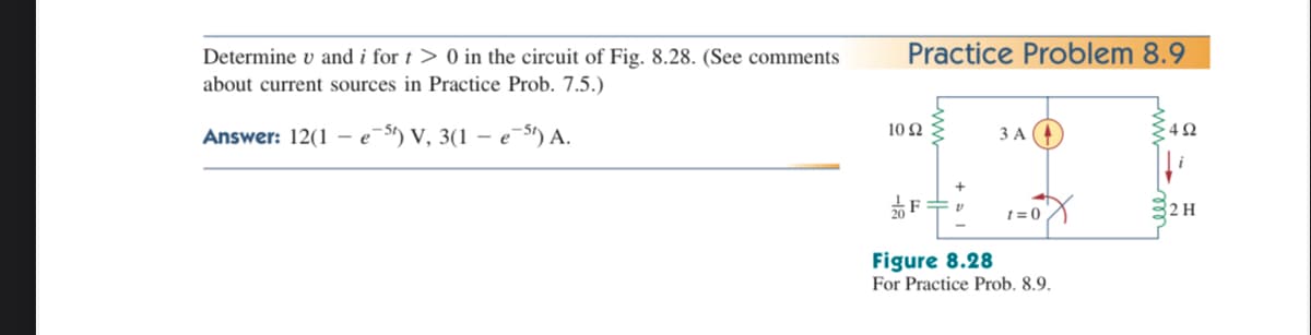 Determine v and i for t > 0 in the circuit of Fig. 8.28. (See comments
Practice Problem 8.9
about current sources in Practice Prob. 7.5.)
Answer: 12(1 – e-5) V, 3(1 – e-5) A.
10Ω
3 A (4
2 H
1 = 0
Figure 8.28
For Practice Prob. 8.9.
