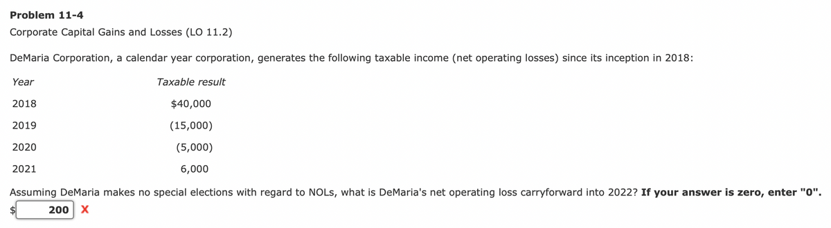 Problem 11-4
Corporate Capital Gains and Losses (LO 11.2)
DeMaria Corporation, a calendar year corporation, generates the following taxable income (net operating losses) since its inception in 2018:
Taxable result
Year
2018
2019
2020
2021
$40,000
(15,000)
(5,000)
6,000
Assuming DeMaria makes no special elections with regard to NOLS, what is DeMaria's net operating loss carryforward into 2022? If your answer is zero, enter "0".
200 X