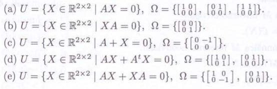 (a) U = {X ER2×2 | AX=0},
(b) U = {XR2×2 | XA=0},
(c) U = {X = R2×2 | A+x=0},
= {[18], [8], [10]}.
= {[89]}.
= {[8]}.
= {[8]}\
N=
(d) U = {X € R2x2 | AX + A'X=0}, = {[9], [8]}.
(e) U = {X € R2×2 | AX + XA=0}, = {[11], [81]}.