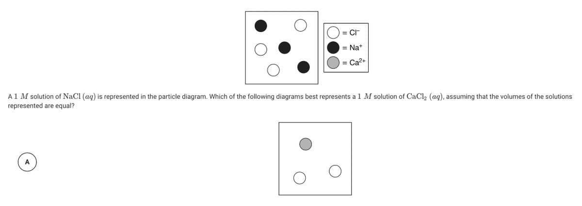 = CI
= Na+
A
=
Ca²+
A 1 M solution of NaCl (aq) is represented in the particle diagram. Which of the following diagrams best represents a 1 M solution of CaCl₂ (aq), assuming that the volumes of the solutions
represented are equal?