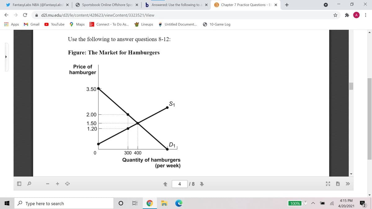 FantasyLabs NBA (@FantasyLabs x
Sportsbook Online Offshore Spor x
b Answered: Use the following to a X
B Chapter 7 Practice Questions - EC X
->
A d21.mu.edu/d2l/le/content/428623/viewContent/3323521/View
E Apps
M Gmail
YouTube
Maps
Connect - To Do As...
Lineups
Untitled Document...
10-Game Log
Use the following to answer questions 8-12:
Figure: The Market for Hamburgers
Price of
hamburger
3.50
S1
2.00
1.50
1.20
D1
300 400
Quantity of hamburgers
(per week)
4
18
>>
4:15 PM
P Type here to search
100%
4/20/2021
...
