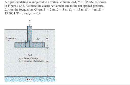 A rigid foundation is subjected to a vertical column load, P = 355 kN, as shown
in Figure 11.43. Estimate the elastic settlement due to the net applied pressure,
Ao, on the foundation. Given: B = 2 m; L = 3 m; D; = 1.5 m; H = 4 m; E, =
13,500 kN/m²; and µ, = 0.4.
Foundation
BXL
Dr
Soil
H, = Poisson's ratio
E - modulus of clasticity H
Rock
