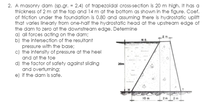 2. A masonry dam (sp.gr. = 2.4) of trapezoidal cross-section is 20 m high. It has a
thickness of 2 m at the top and 14 m at the bottom as shown in the figure. Coef.
of friction under the foundation is 0.80 and assuming there is hydrostatic uplift
that varies linearly from one-half the hydrostatic head at the upstream edge of
the dam to zero at the downstream edge. Determine
a) all forces acting on the dam;
b) the intersection of the resultant
pressure with the base;
c) the intensity of pressure at the heel
and at the toe
d) the factor of safety against sliding
and overturning;
e) if the dam is safe.
20m
10 m
2m
2 m
