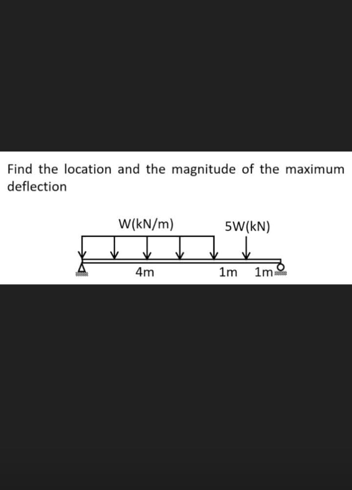 Find the location and the magnitude of the maximum
deflection
W(kN/m)
5W(kN)
4m
1m
1m
