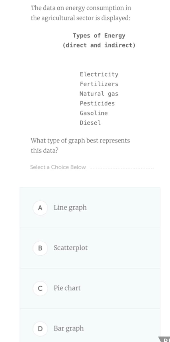 The data on energy consumption in
the agricultural sector is displayed:
Types of Energy
(direct and indirect)
Electricity
Fertilizers
Natural gas
Pesticides
Gasoline
Diesel
What type of graph best represents
this data?
Select a Choice Below
A
Line graph
Scatterplot
Pie chart
D
Bar graph
