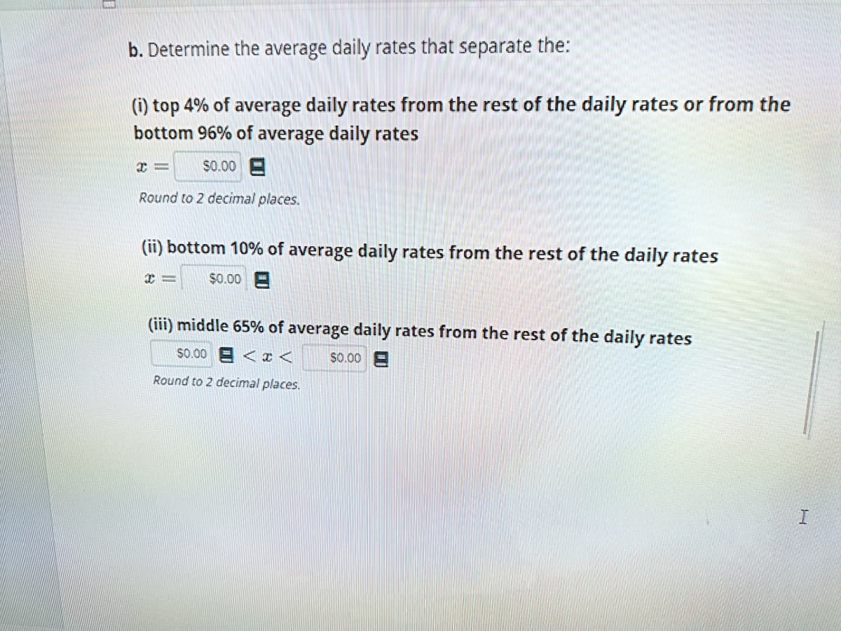 b. Determine the average daily rates that separate the:
(i) top 4% of average daily rates from the rest of the daily rates or from the
bottom 96% of average daily rates
$0.00
I=
Round to 2 decimal places.
(ii) bottom 10% of average daily rates from the rest of the daily rates
$0.00 E
+-
(iii) iddle 65% of average daily rates from the rest of the daily rates
$0.00 <<
$0.00 E
Round to 2 decimal places.
I