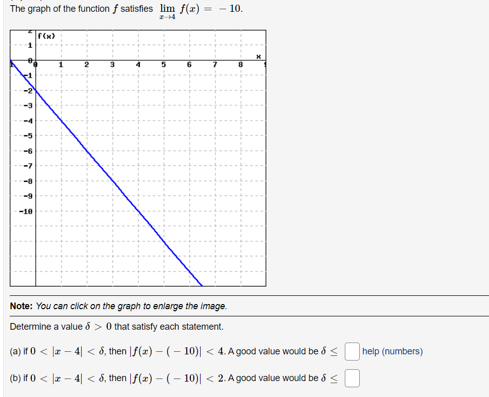 The graph of the function f satisfies lim f(x) =
x 4
A
Ň2₂
?
-5
4
-7
-8
-9
-10
f(x)
(a) if 0 <
1
(b) if 0 <
2
3
Note: You can click on the graph to enlarge the image.
Determine a value > 0 that satisfy each statement.
7
10.
1
8
X
-
x − 4| < 8, then |ƒ(x) − ( − 10)| < 4. A good value would be d <
x −4 < 8, then |ƒ(x) − (−10)| < 2. A good value would be <
-
help (numbers)