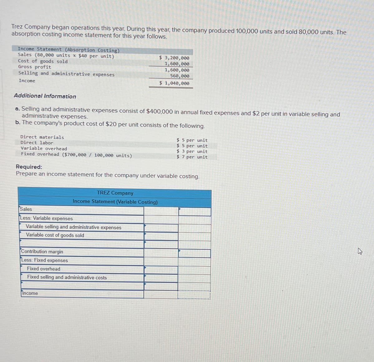 Trez Company began operations this year. During this year, the company produced 100,000 units and sold 80,000 units. The
absorption costing income statement for this year follows.
Income Statement (Absorption Costing)
Sales (80,000 units x $40 per unit)
Cost of goods sold
Gross profit
Selling and administrative expenses
Income
Additional Information
a. Selling and administrative expenses consist of $400,000 in annual fixed expenses and $2 per unit in variable selling and
administrative expenses.
b. The company's product cost of $20 per unit consists of the following.
Direct materials
Direct labor
Variable overhead
Fixed overhead ($700,000 / 100,000 units)
Required:
Prepare an income statement for the company under variable costing.
Sales
Less: Variable expenses
Variable selling and administrative expenses
Variable cost of goods sold
Contribution margin
Less: Fixed expenses
TREZ Company
Income Statement (Variable Costing)
$ 3,200,000
1,600,000
1,600,000
560,000
$ 1,040,000
Fixed overhead
Fixed selling and administrative costs
Income
$5 per unit
$5 per unit
$ 3 per unit
$ 7 per unit