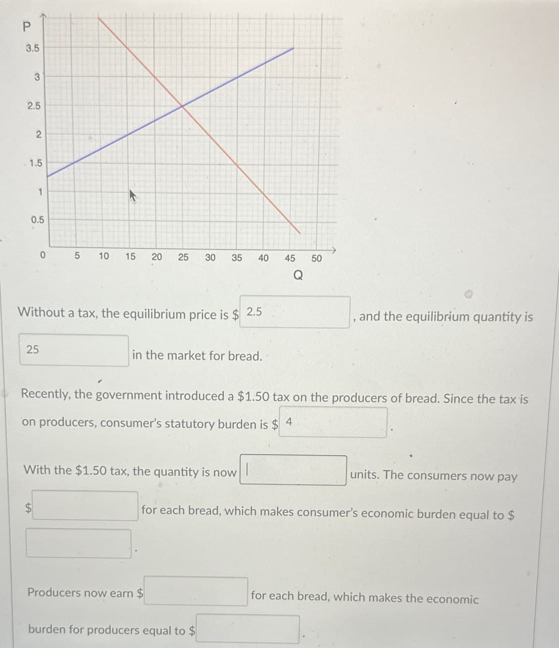 P
3.5
3
2.5
2
1.5
1
0.5
0
5
10
10
15 20
20
25
30
30
35
35
40
40
45
45
50
50
Without a tax, the equilibrium price is $ 2.5
25
in the market for bread.
Q
and the equilibrium quantity is
Recently, the government introduced a $1.50 tax on the producers of bread. Since the tax is
on producers, consumer's statutory burden is $4
With the $1.50 tax, the quantity is now
units. The consumers now pay
for each bread, which makes consumer's economic burden equal to $
Producers now earn $
burden for producers equal to $
for each bread, which makes the economic