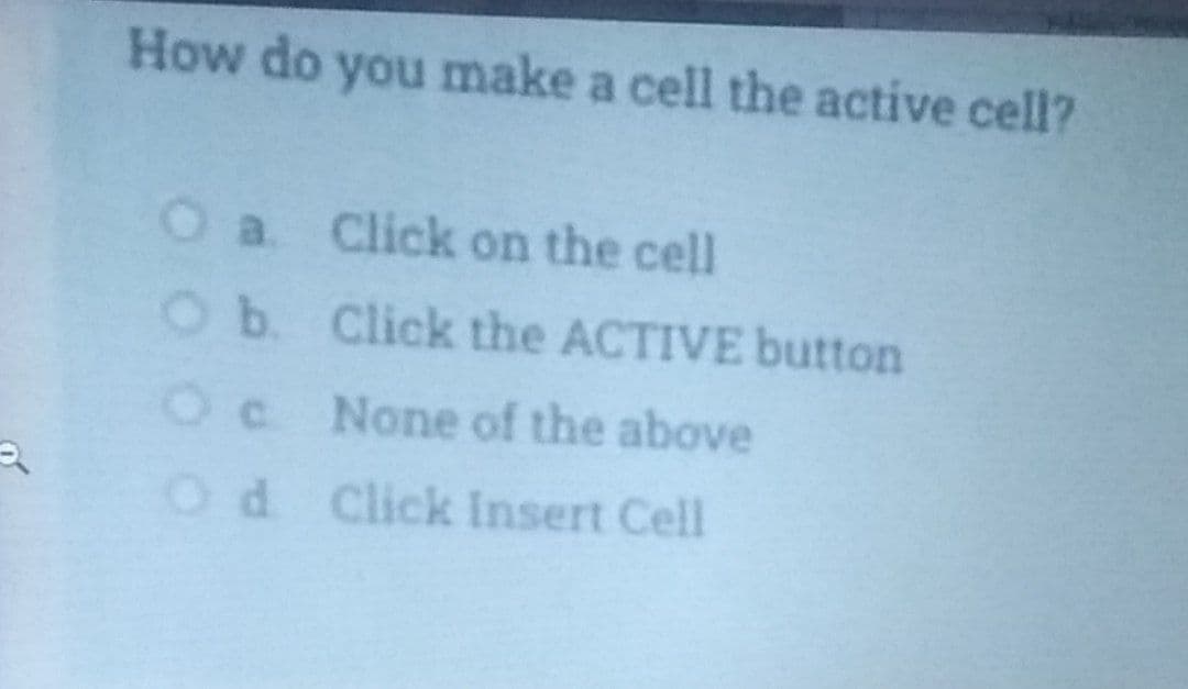 How do you make a cell the active cell?
Oa Click on the cell
Ob. Click the ACTIVE button
Oc None of the above
Od Click Insert Cell
