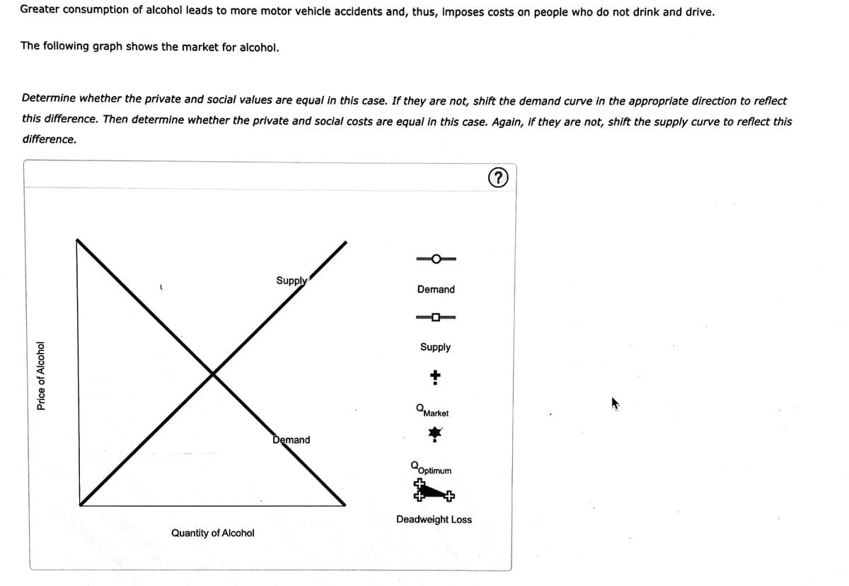 Greater consumption of alcohol leads to more motor vehicle accidents and, thus, imposes costs on people who do not drink and drive.
The following graph shows the market for alcohol.
Determine whether the private and social values are equal in this case. If they are not, shift the demand curve in the appropriate direction to reflect
this difference. Then determine whether the private and social costs are equal in this case. Again, if they are not, shift the supply curve to reflect this
difference.
Price of Alcohol
Quantity of Alcohol
Supply
Demand
Demand
Supply
QMarket
QOptimum
+
+
+
Deadweight Loss
?