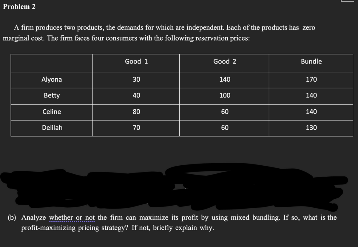 Problem 2
A firm produces two products, the demands for which are independent. Each of the products has zero
marginal cost. The firm faces four consumers with the following reservation prices:
Alyona
Betty
Celine
Delilah
Good 1
30
40
80
70
Good 2
140
100
60
60
Bundle
170
140
140
130
(b) Analyze whether or not the firm can maximize its profit by using mixed bundling. If so, what is the
profit-maximizing pricing strategy? If not, briefly explain why.
J