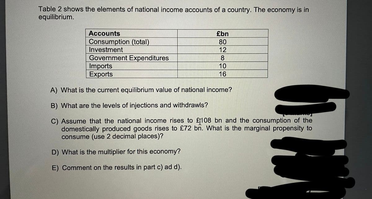 Table 2 shows the elements of national income accounts of a country. The economy is in
equilibrium.
Accounts
Consumption (total)
Investment
Government Expenditures
Imports
Exports
£bn
80
12
8
10
16
A) What is the current equilibrium value of national income?
B) What are the levels of injections and withdrawls?
C) Assume that the national income rises to £108 bn and the consumption of the
domestically produced goods rises to £72 bn. What is the marginal propensity to
consume (use 2 decimal places)?
D) What is the multiplier for this economy?
E) Comment on the results in part c) ad d).