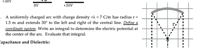 +30V
Ov
+30V
A uniformly charged arc with charge density +λ = 7 C/m has radius r =
1.5 m and extends 30° to the left and right of the central line. Define a
coordinate system. Write an integral to determine the electric potential at
the center of the arc. Evaluate that integral.
Capacitance and Dielectric:
r.