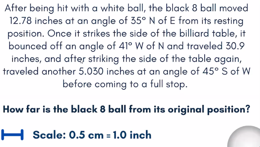 After being hit with a white ball, the black 8 ball moved
12.78 inches at an angle of 35° N of E from its resting
position. Once it strikes the side of the billiard table, it
bounced off an angle of 41° W of N and traveled 30.9
inches, and after striking the side of the table again,
traveled another 5.030 inches at an angle of 45° S of W
before coming to a full stop.
How far is the black 8 ball from its original position?
H Scale: 0.5 cm = 1.0 inch