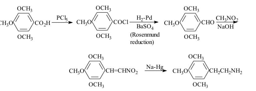 OCH3
OCH3
OCH3
PCk
H,-Pd
CH;0
COCI-
BaSO4
CH;NO,
NaOH
CH;0
OCO,H
> CH;O(
СНО
(Rosenmund
reduction)
OCH3
OCH;
OCH;
OCH;
OCH3
Na-Hg
CH;O
CH-CHN ο,
CH;0
CH,CH,NH,
OCH3
OCH3
