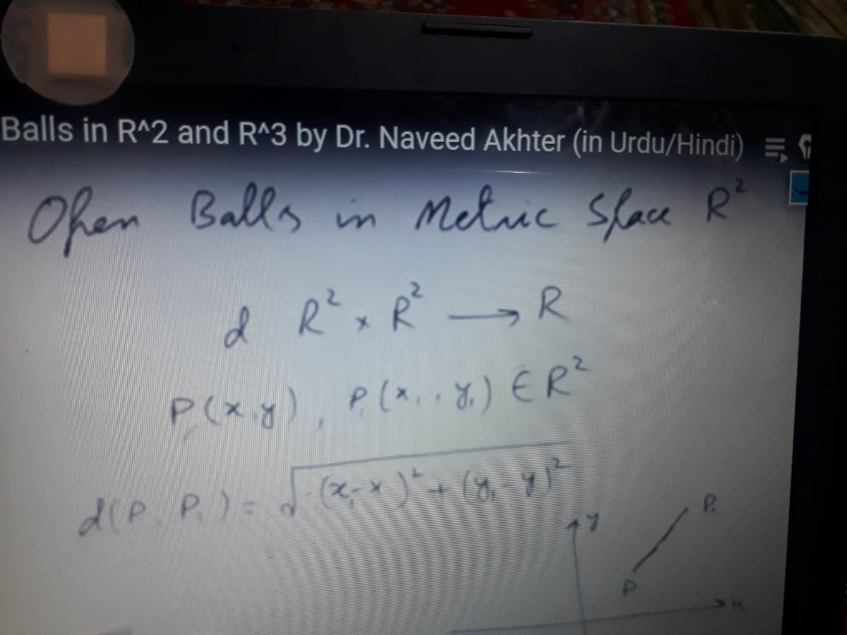 Balls in R^2 and R^3 by Dr. Naveed Akhter (in Urdu/Hindi) = G
Ohen Balls in Melue Slace R
d R,R R
P(xy), P(x. .) ER
P.
17
