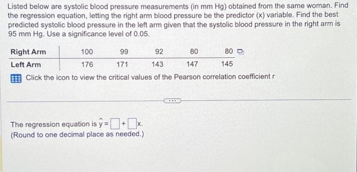 Listed below are systolic blood pressure measurements (in mm Hg) obtained from the same woman. Find
the regression equation, letting the right arm blood pressure be the predictor (x) variable. Find the best
predicted systolic blood pressure in the left arm given that the systolic blood pressure in the right arm is
95 mm Hg. Use a significance level of 0.05.
Right Arm
100
99
92
Left Arm
176
171
143
Click the icon to view the critical values of the Pearson correlation coefficient r
80
147
The regression equation is y=+x.
(Round to one decimal place as needed.)
80
145