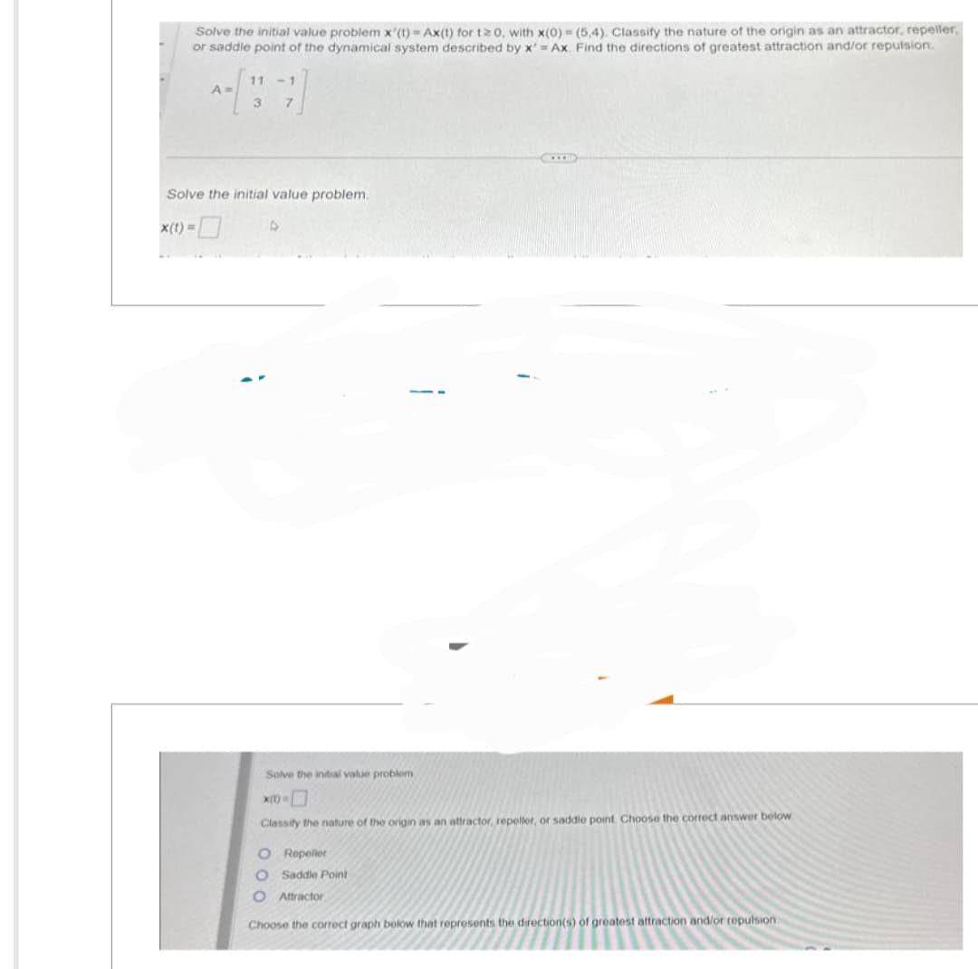 Solve the initial value problem x'(t) = Ax(t) for t≥0, with x(0)=(5,4). Classify the nature of the origin as an attractor, repeller,
or saddle point of the dynamical system described by x'=Ax. Find the directions of greatest attraction and/or repulsion.
A=
x(t)=
11 -1
3
Solve the initial value problem.
4
D
Solve the initial value problem
x00=
Classify the nature of the origin as an attractor, repeller, or saddle point. Choose the correct answer below
O Repeller
O Saddle Point
O Attractor
Choose the correct graph below that represents the direction(s) of greatest attraction and/or repulsion: